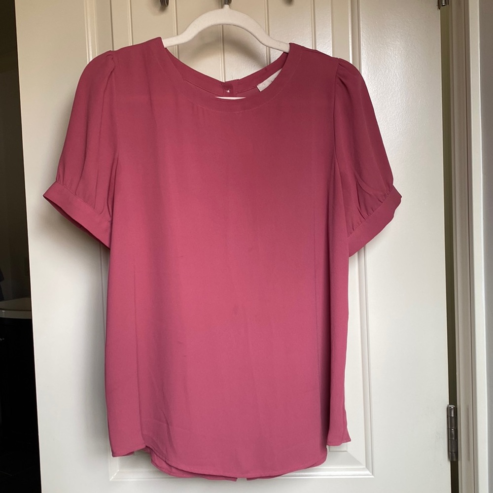 Loft silky dark pink blouse with puff sleeves and button back
